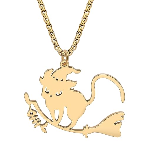 DALANE Edelstahl Halloween Hexe Katze Halskette 18K Vergoldet Anhänger Besen Schmuck Neuheit Geschenke für Frauen Mädchen Spooky Saison (18K Vergoldete Hexe Katze) von DALANE