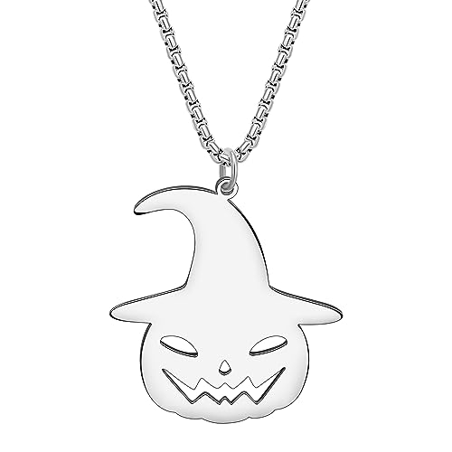 DALANE Edelstahl Halloween Kürbis Geist Halskette 18K Vergoldet Hexenhut Anhänger Schmuck Spooky Geschenke für Frauen Mädchen Charms (Versilberter Hexenhut Kürbis) von DALANE
