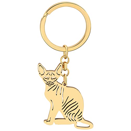DALANE Edelstahl Silber Vergoldet Katze Schlüsselanhänger Kätzchen Schlüsselanhänger Neuheit Schmuck Charms Geschenke für Frauen Mädchen, Vergoldeter Sphynx, 50mm x 27mm von DALANE