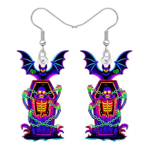 DALANE Neuheit Acryl Halloween Geschenke Gothic Sarg Ohrringe Hängend für Damen Mädchen, Spooky Goth Skelett und Fledermaus Thema Design, Halloween Urlaub Kostüme Schmuck (Farbenfroh) von DALANE