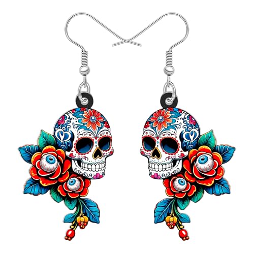 DALANE Neuheit Halloween Geschenke Zucker Schädel Ohrringe Hängend für Damen Mädchen, Acryl Floral Spooky Tag der Toten Böse Augen Gothic Design, Goth Halloween Urlaub Kostüme Schmuck (Bunt) von DALANE