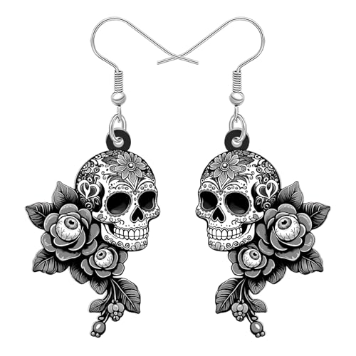 DALANE Neuheit Halloween Geschenke Zucker Schädel Ohrringe Hängend für Damen Mädchen, Acryl Floral Spooky Tag der Toten Böse Augen Gothic Design, Goth Halloween Urlaub Kostüme Schmuck (Grau) von DALANE