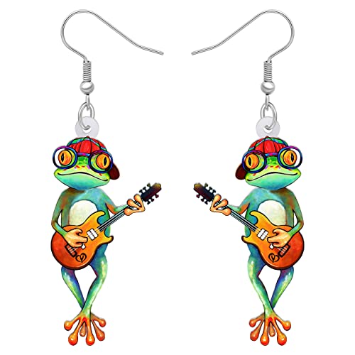 DALANE Niedlich Acryl Anime Cowboy Hawaii Frosch Ohrringe Baumelnder Tropfen Tiere Schmuck Geschenke für Frauen Mädchen Kinder Charms (Gitarren frosch) von DALANE