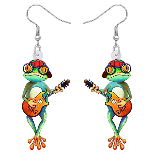 DALANE Niedlich Acryl Anime Cowboy Hawaii Frosch Ohrringe Baumelnder Tropfen Tiere Schmuck Geschenke für Frauen Mädchen Kinder Charms (Gitarren frosch) von DALANE