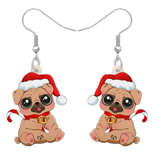 DALANE Weihnachten Acryl Mops Hund Ohrringe Baumeln Tropfen Zuckerstange Welpe Haustiere Schmuck Geschenke für Frauen Damen Mädchen Mops Liebhaber (Braun) von DALANE