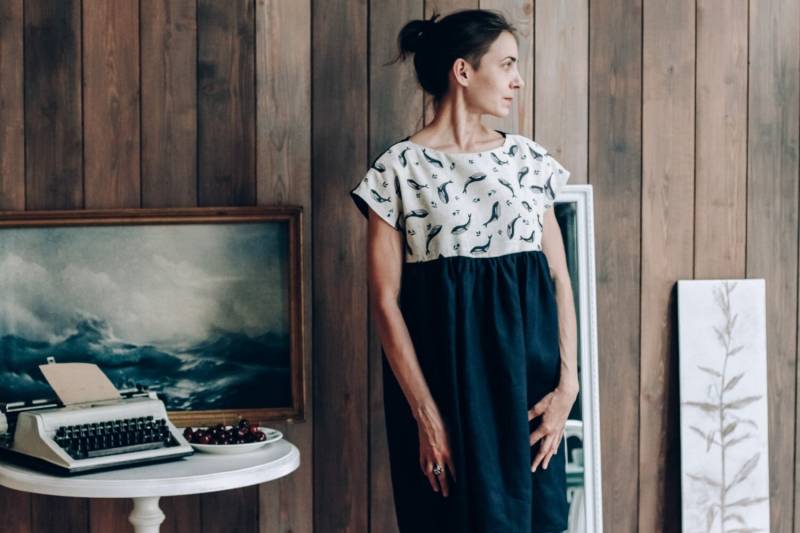 Damen Leinenkleid, Marineblau, Oversized, Sommerkleid, Strandkleid, Designerkleidung, Leinenkleidung, Naturflax von DALEKO