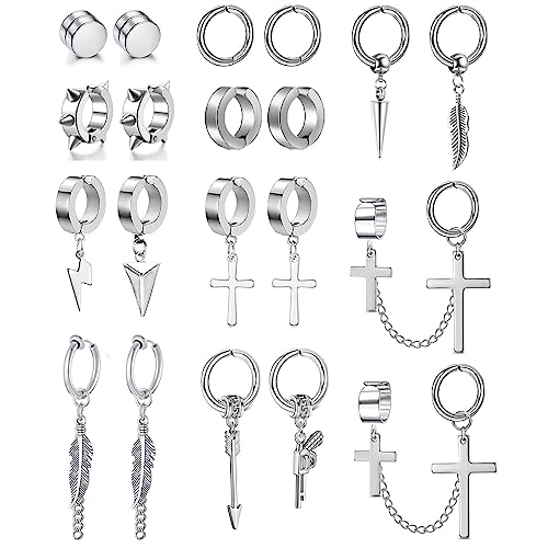 20 Stück Magnet Ohrstecker Clip Ohrringe Kreuz Feder Anhänger Set Fake Ohrringe Herren, Edelstahl, Silber von DALLZOMA