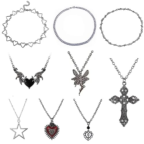 DALLZOMA 9 Stück Gothic Grunge Halskette Set Goth Punk Rock Silber Halskette Liebe Herz Kreuz Dornen Böses Auge Engel Flügel Gothic Schmuck Kette für Frauen Mädchen Kette Choker Halskette von DALLZOMA