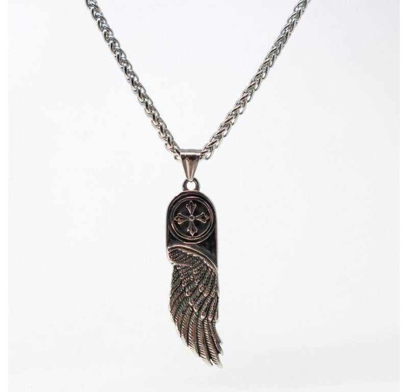 DALMARO Kette mit Anhänger Lederkette Edelstahlkette 316L FLÜGEL KREUZ, Herren Halskette Biker / Wikinger Kette - Schmuckbox von DALMARO