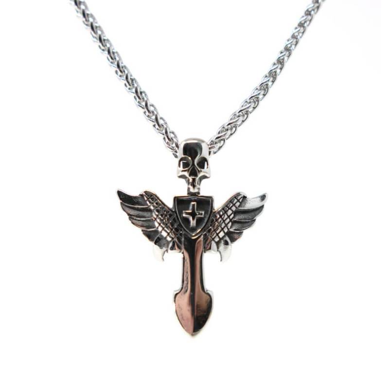 DALMARO Kette mit Anhänger Lederkette Edelstahlkette 316L FLÜGELSCHWERT, Herren Halskette Biker / Wikinger Kette - Schmuckbox von DALMARO