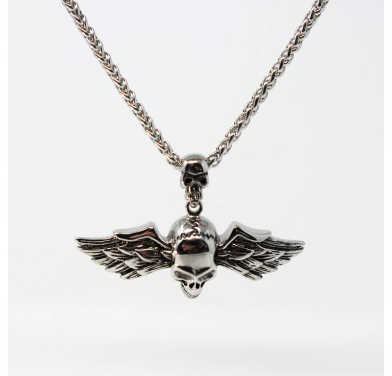 DALMARO Kette mit Anhänger Lederkette Edelstahlkette 316L FLYING SKULL, Herren Halskette Biker / Wikinger Kette - Schmuckbox von DALMARO