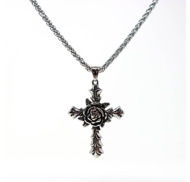 DALMARO Kette mit Anhänger Lederkette Edelstahlkette 316L ROSEN KREUZ, Herren Halskette Biker / Wikinger Kette - Schmuckbox von DALMARO