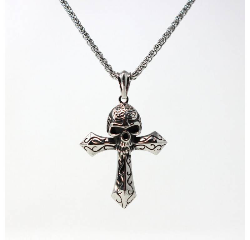 DALMARO Kette mit Anhänger Lederkette Edelstahlkette 316L SKULL CROSS, Herren Halskette Biker / Wikinger Kette - Schmuckbox von DALMARO