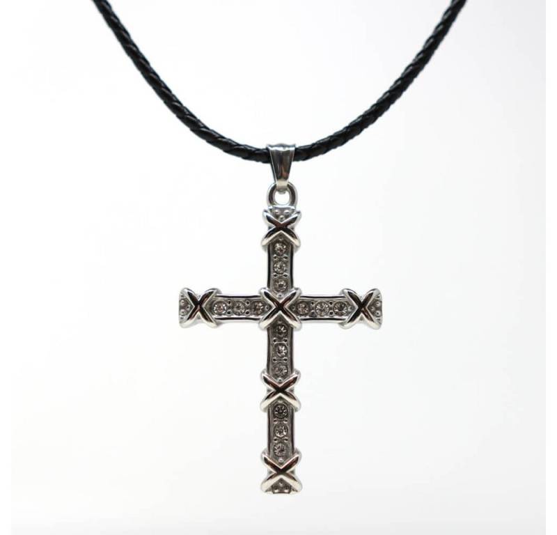 DALMARO Kette mit Anhänger Lederkette Edelstahlkette 316L STEINCHEN KREUZ, Herren Halskette Biker / Wikinger Kette - Schmuckbox von DALMARO