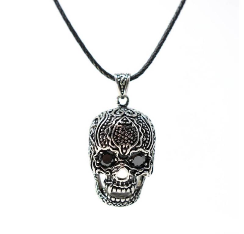 DALMARO Kette mit Anhänger Lederkette Edelstahlkette 316L SUGAR SKULL, Herren Halskette Biker / Wikinger Kette - Schmuckbox von DALMARO