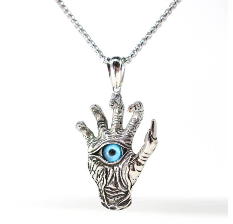 DALMARO Kette mit Anhänger Lederkette Edelstahlkette 316L TOTENHAND AUGE, Herren Halskette Biker / Wikinger Kette - Schmuckbox von DALMARO