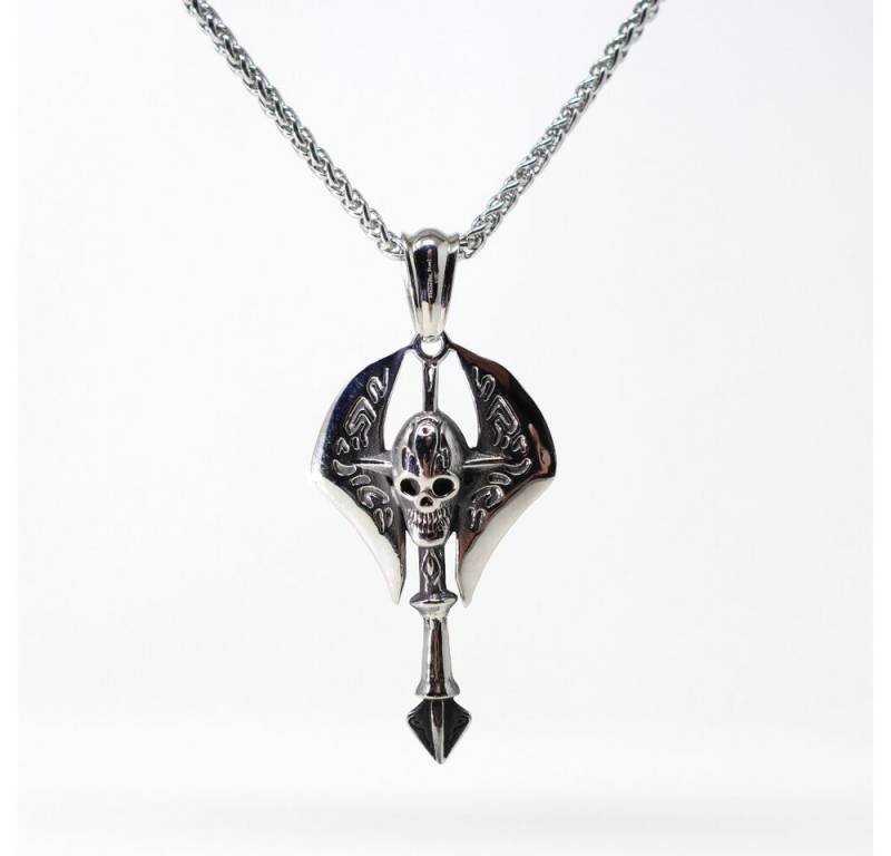 DALMARO Kette mit Anhänger Lederkette Edelstahlkette 316L TOTENKOPF AXT, Herren Halskette Biker / Wikinger Kette - Schmuckbox von DALMARO