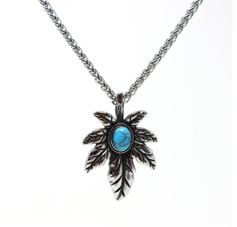 DALMARO Kette mit Anhänger Lederkette Edelstahlkette 316L TÜRKIS CANNABIS, Herren Halskette Biker / Wikinger Kette - Schmuckbox von DALMARO