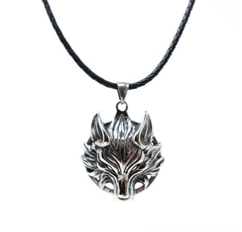DALMARO Kette mit Anhänger Lederkette Edelstahlkette 316L WOLF AMULETT, Herren Halskette Biker / Wikinger Kette - Schmuckbox von DALMARO