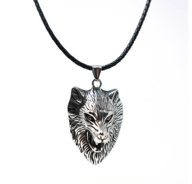 DALMARO Kette mit Anhänger Lederkette Edelstahlkette 316L WOLFSKOPF, Herren Halskette Biker / Wikinger Kette - Schmuckbox von DALMARO