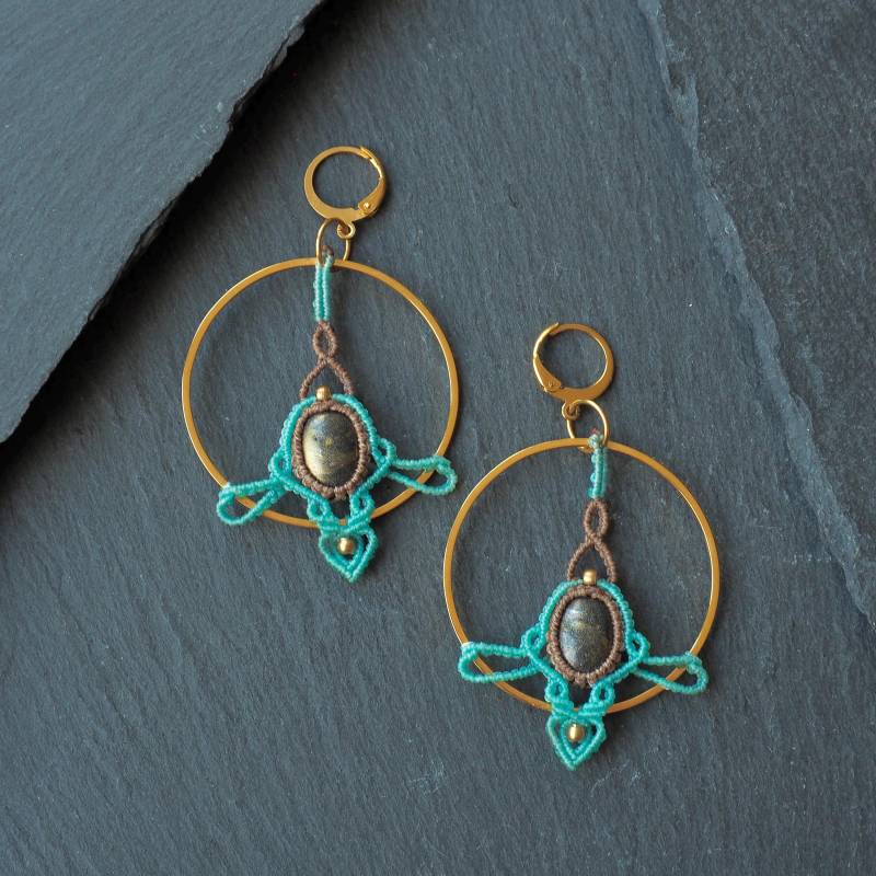 Makramee-Creolen Mit Orgonit | Geknotete Ohrringe Edelstahl Ohrschmuck Türkis Statement Ohrhaken Energie Schmuck von DAMACRA