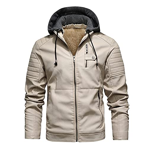 DAMAIJSQ Pu Lederjacken Für Herren - Herren Warme Kapuzen Pu Jacke Dickes Schwarzes Fleece Winddicht Mode Motorrad Tops Herbst Und Winter Street Fashion Kleidung,Beige,L von DAMAIJSQ