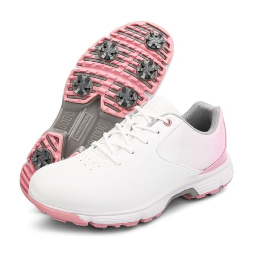 DAMANDO Damen Spikeed Golfschuhe wasserdichte Golfschuhe Bequeme Golf-Leder-Turnschuhe Outdoor-Trainingsschuhe,Rosa,37 EU von DAMANDO