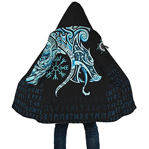 Celtic Wolf Herren Winter-Kapuzenjacke Wikinger Wolfs-Totem-Druck in halber Länge Warme, mit Lammwolle gefütterte Parka-Jacke Lässiges Rollenspiel-Cape für draußen ( Color : Vegvisir , Size : XL ) von DAMATA