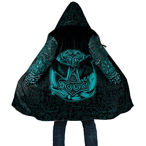DAMATA Nordische Mythologie Thors Hammer Warme Kapuzenjacke aus Wolle für Männer Viking Tattoo Winterjacke halblang Warmer Mantel mit Kapuze (Color : Raven Mjölnir, Size : M) von DAMATA