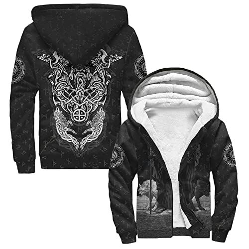 DAMATA Skandinavische Mythologie warmer Winter Herren Zip Hoodie Wikinger 3D Druck Langarm Kapuzenjacke Mode Langarm verdickte Fleecejacke lässig Outdoor Sweatshirt Hoodie (Color : Odin, Size : L) von DAMATA