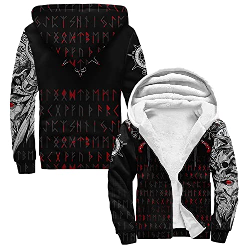 DAMATA Skandinavische Mythologie warmer Winter Herren Zip Hoodie Wikinger 3D Druck Langarm Kapuzenjacke Mode Langarm verdickte Fleecejacke lässig Outdoor Sweatshirt Hoodie (Color : Runic, Size : L) von DAMATA