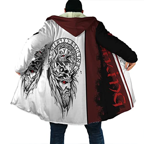 DAMATA Wikinger-Krieger Warme Parka-Winterjacke 3D bedruckte Lammwolle halblange Jacke mit dicker Kapuze für Rollenspiele wattierte Jacke (Color : Odin Raven, Size : 4XL) von DAMATA