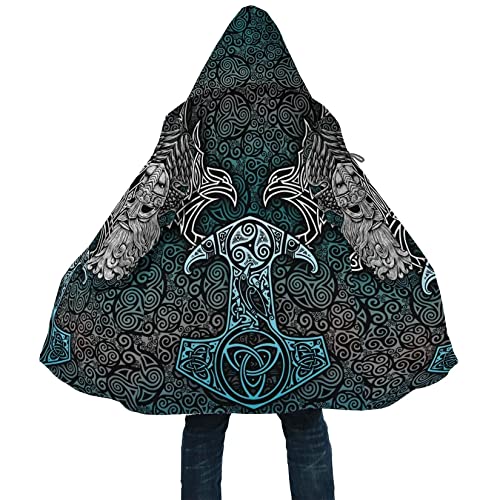 Mjölnir 3D Herren Outdoor Windproof Jacke Viking Tattoo Mantel aus Lammwolle und Baumwolle mit halblanger Kapuze und Windjacke Winter lockere Passform lässig Sport Umhang Poncho ( Color : Nordic Raven von DAMATA
