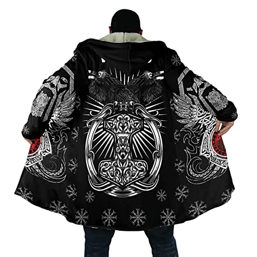 Mjölnir 3D Herren Outdoor Windproof Jacke Viking Tattoo Mantel aus Lammwolle und Baumwolle mit halblanger Kapuze und Windjacke Winter lockere Passform lässig Sport Umhang Poncho ( Color : Raven Thor's von DAMATA
