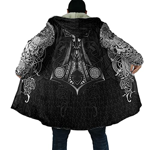 Mjölnir 3D Herren Outdoor Windproof Jacke Viking Tattoo Mantel aus Lammwolle und Baumwolle mit halblanger Kapuze und Windjacke Winter lockere Passform lässig Sport Umhang Poncho ( Color : Thor's Hamme von DAMATA