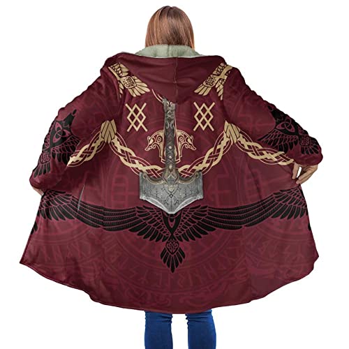 Mjölnir 3D Herren Outdoor Windproof Jacke Viking Tattoo Mantel aus Lammwolle und Baumwolle mit halblanger Kapuze und Windjacke Winter lockere Passform lässig Sport Umhang Poncho ( Color : Thor's Hamme von DAMATA