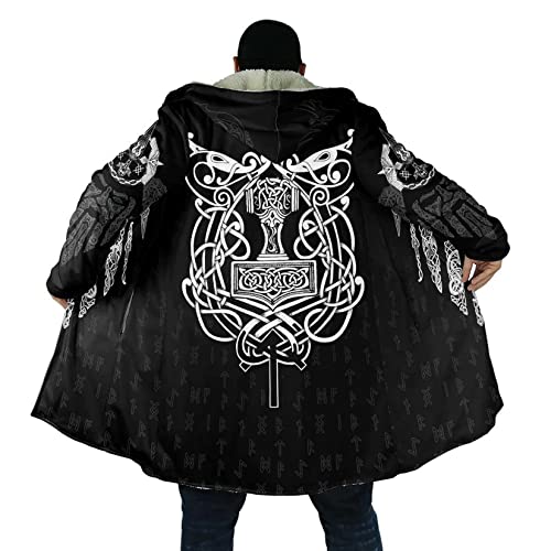 Mjölnir 3D Herren Outdoor Windproof Jacke Viking Tattoo Mantel aus Lammwolle und Baumwolle mit halblanger Kapuze und Windjacke Winter lockere Passform lässig Sport Umhang Poncho ( Color : Thor's Hamme von DAMATA