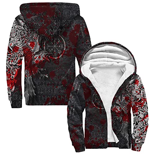 Skandinavische Mythologie warmer Winter Herren Zip Hoodie Wikinger 3D Druck Langarm Kapuzenjacke Mode Langarm verdickte Fleecejacke lässig Outdoor Sweatshirt Hoodie ( Color : Raven Blood , Size : 4XL von DAMATA