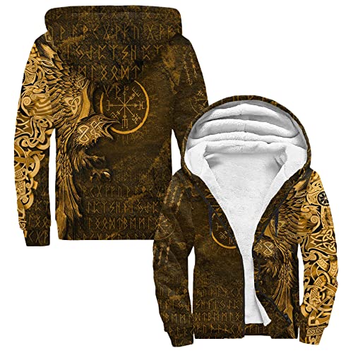 Skandinavische Mythologie warmer Winter Herren Zip Hoodie Wikinger 3D Druck Langarm Kapuzenjacke Mode Langarm verdickte Fleecejacke lässig Outdoor Sweatshirt Hoodie ( Color : Raven Brown , Size : 3XL von DAMATA