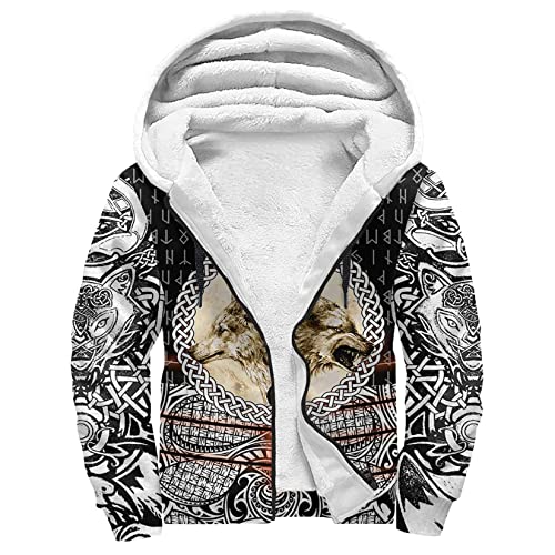 Viking Fleecejacke für Herren, Fenrir Wolf 3D-Druck Fleecefutter Winddicht Winterjacke Mode Straße lässig Arbeitsjacke, Mit großer Kapuze & Kängurutaschen-Design Warm und dick ( Color : Celtic Wolf , von DAMATA