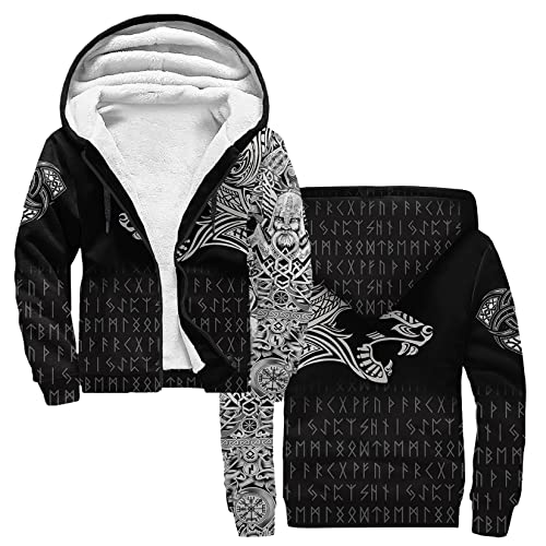 Viking Herren Vlies Verdickte Hoodie Odin-Mythos 3D-Druck zwanglos Kapuzenpullover Warm Fleece Winterjacke Oversized Sweatshirt mit Kapuze mit Tasche und Kordelzug ( Color : Viking Wolf , Size : L ) von DAMATA
