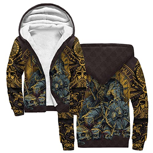 Wikinger Krieger Hoodies Herren Kapuzenpullover mit Reißverschluss Mythisches Totem Odins Winter Warm Fleece Gefüttert Sweatjacke Mantel Langarm Kapuzenjacke mit großer Kängurutasche ( Color : Skeleto von DAMATA