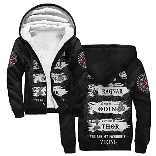 Wikinger Krieger Hoodies Herren Kapuzenpullover mit Reißverschluss Mythisches Totem Odins Winter Warm Fleece Gefüttert Sweatjacke Mantel Langarm Kapuzenjacke mit großer Kängurutasche ( Color : Viking von DAMATA