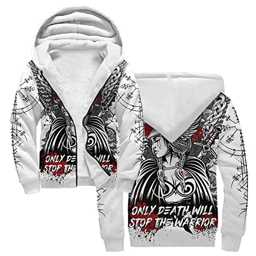 Wikinger Krieger Hoodies Herren Kapuzenpullover mit Reißverschluss Mythisches Totem Odins Winter Warm Fleece Gefüttert Sweatjacke Mantel Langarm Kapuzenjacke mit großer Kängurutasche ( Color : Valkyri von DAMATA