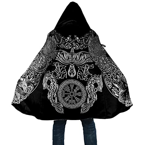 Wikinger Talisman Tattoo Winter Lammfleece Warm Parka Aegishjalmur Tattoo Mittellange lässige Kapuzenjacke Nordic Mythology Outdoor-Rollenspiel-Umhang mit gepolsterter Kapuze ( Color : Raven Vegvisir von DAMATA