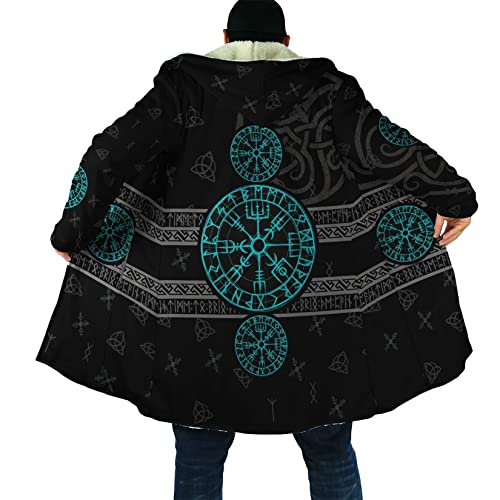 Wikinger Talisman Tattoo Winter Lammfleece Warm Parka Aegishjalmur Tattoo Mittellange lässige Kapuzenjacke Nordic Mythology Outdoor-Rollenspiel-Umhang mit gepolsterter Kapuze ( Color : Vegvisir Blue , von DAMATA