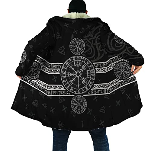 Wikinger Talisman Tattoo Winter Lammfleece Warm Parka Aegishjalmur Tattoo Mittellange lässige Kapuzenjacke Nordic Mythology Outdoor-Rollenspiel-Umhang mit gepolsterter Kapuze ( Color : Vegvisir Coat o von DAMATA