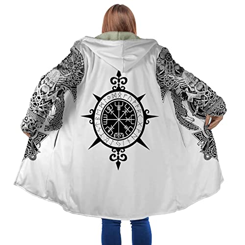 Wikinger Talisman Tattoo Winter Lammfleece Warm Parka Aegishjalmur Tattoo Mittellange lässige Kapuzenjacke Nordic Mythology Outdoor-Rollenspiel-Umhang mit gepolsterter Kapuze ( Color : Vegvisir N02 , von DAMATA