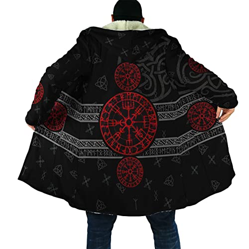 Wikinger Talisman Tattoo Winter Lammfleece Warm Parka Aegishjalmur Tattoo Mittellange lässige Kapuzenjacke Nordic Mythology Outdoor-Rollenspiel-Umhang mit gepolsterter Kapuze ( Color : Vegvisir Red , von DAMATA