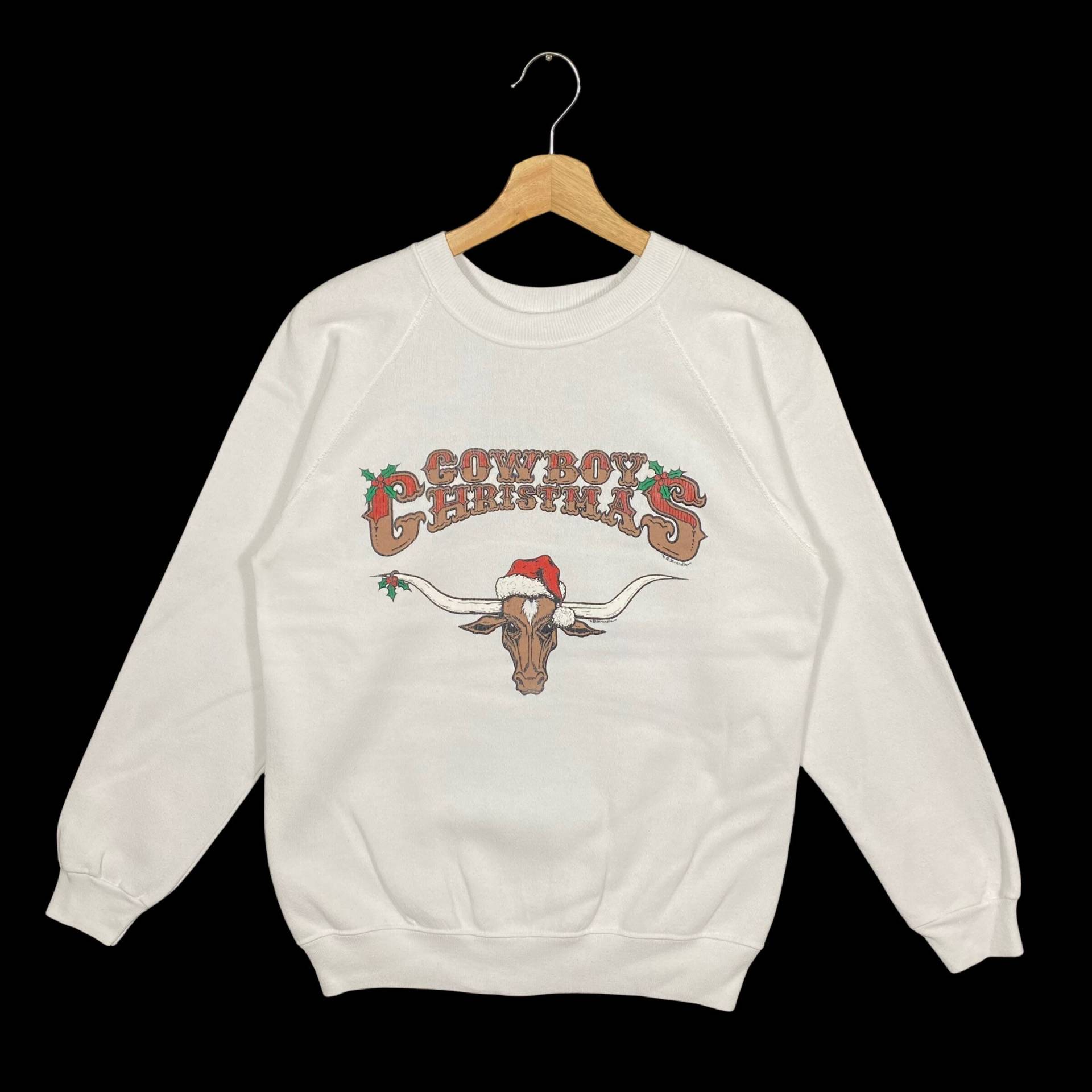 Vintage 90Er Cowboy Weihnachten Sweatshirt M Größe Weiß Farbe von DAMBROWNByDAM